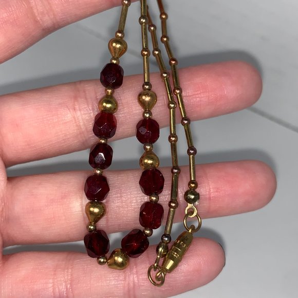 15" Red and Gold Handmade Beaded Necklace - Picture 2 of 13